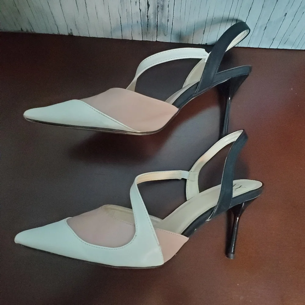 New York & Company Mika Pointed Toe Slingback Heels, 10, Black/Ivory/Blush